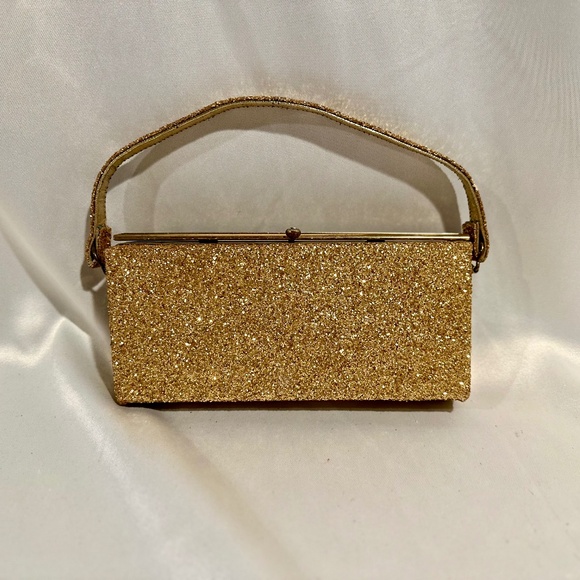 60s Gold Glitter Frame Handbag Vintage Disco Gogo Evening Bag Purse - Picture 1 of 5